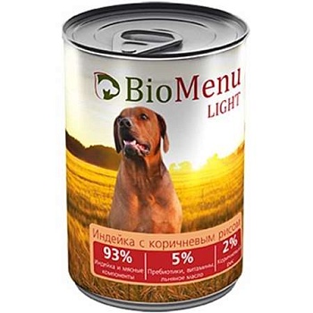 Biomenu Light Консервы для Собак Индейка с Коричневым Рисом 93%-Мясо 410г купить 