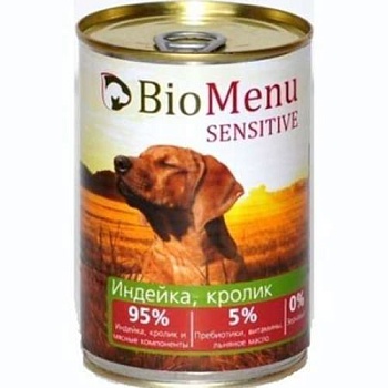 Biomenu Sensitive Консервы для Собак Индейка/Кролик 95%-Мясо 12х410г купить 
